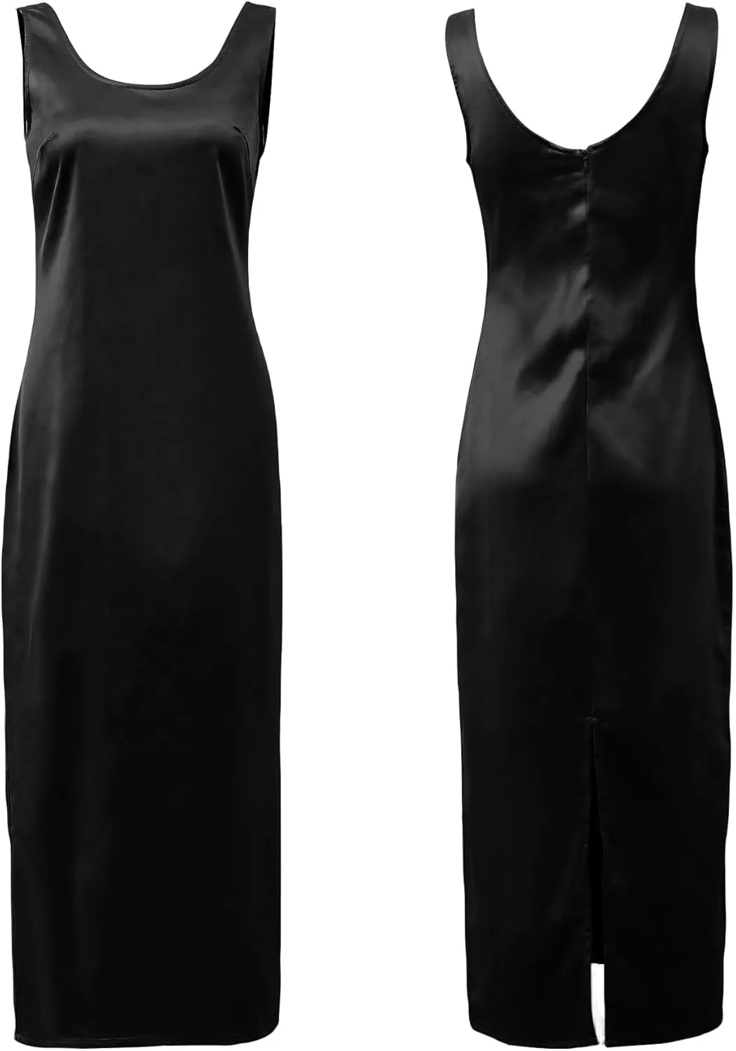 Womens Casual Round Neck Sleeveless Summer Sundresses Split Satin Maxi Dress Zip Back Tank Dresses