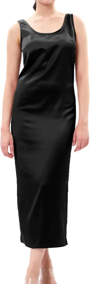 Womens Casual Round Neck Sleeveless Summer Sundresses Split Satin Maxi Dress Zip Back Tank Dresses