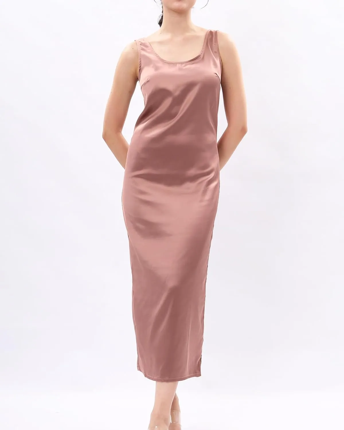 Womens Casual Round Neck Sleeveless Summer Sundresses Split Satin Maxi Dress Zip Back Tank Dresses