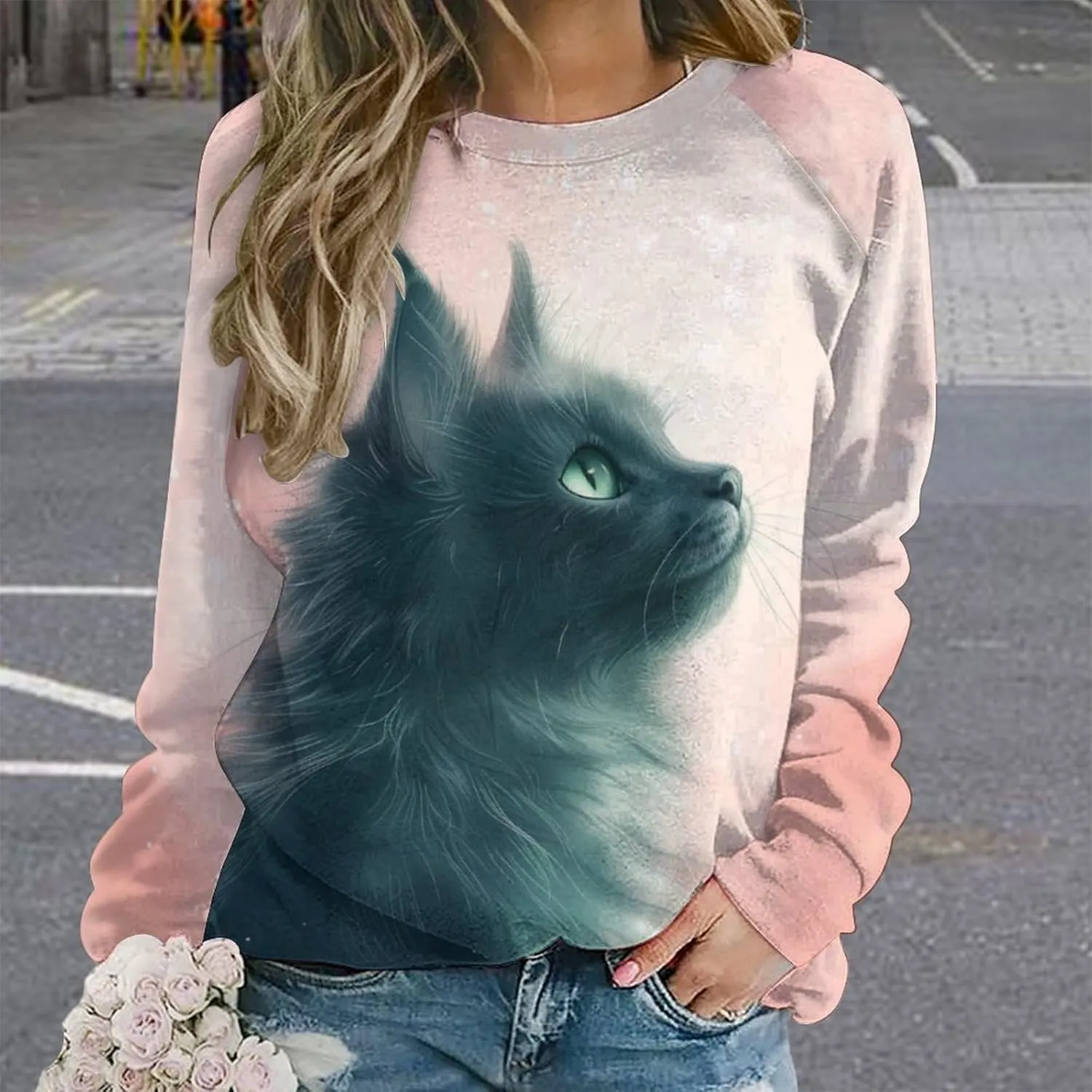 Womens Cat Sweatshirts Cute Graphic Printed Long Sleeve Crewneck Pullover Shirts Cat Lovers Tunic Tops for Girls