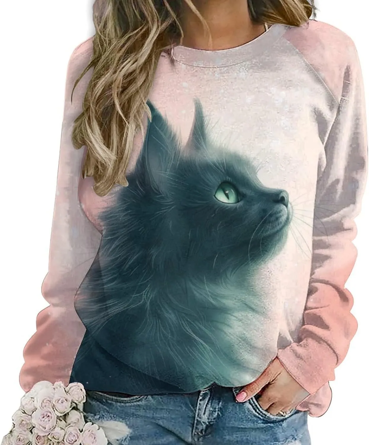 Womens Cat Sweatshirts Cute Graphic Printed Long Sleeve Crewneck Pullover Shirts Cat Lovers Tunic Tops for Girls