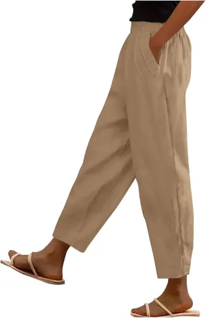 Womens Cotton Linen Pants Casual Elastic High Waist Straight Leg Pants Summer Loose Fit Trouser with Pockets