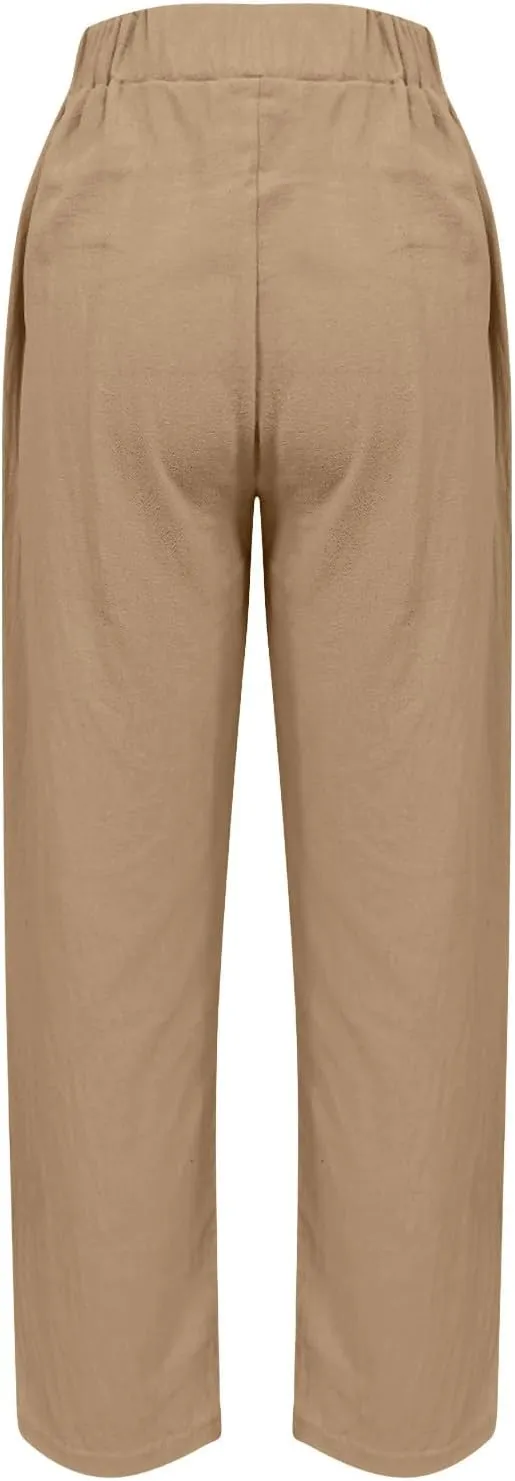 Womens Cotton Linen Pants Casual Elastic High Waist Straight Leg Pants Summer Loose Fit Trouser with Pockets