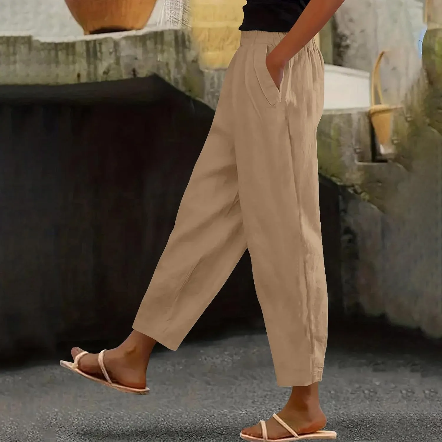 Womens Cotton Linen Pants Casual Elastic High Waist Straight Leg Pants Summer Loose Fit Trouser with Pockets