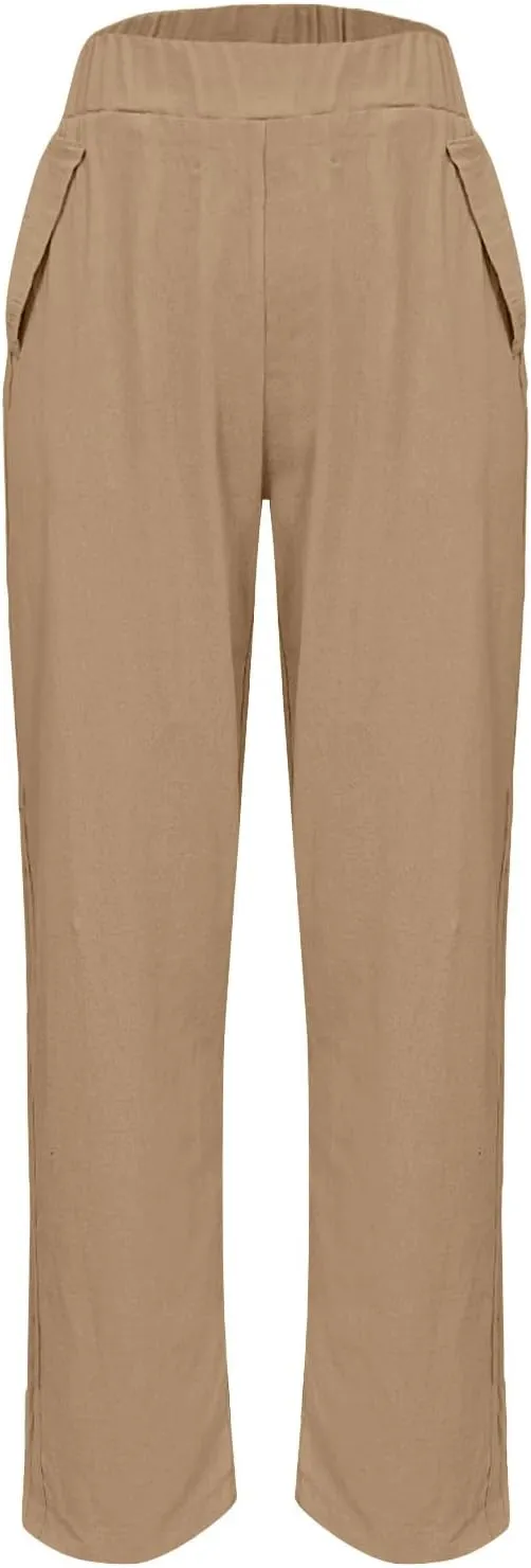 Womens Cotton Linen Pants Casual Elastic High Waist Straight Leg Pants Summer Loose Fit Trouser with Pockets