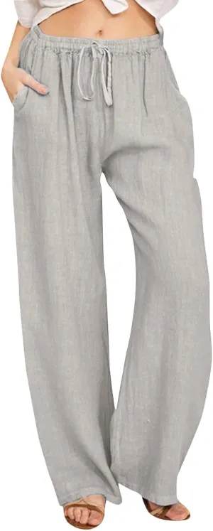 Womens Cotton Linen Pants Casual Trendy 2025 Summer High Waist Drawstring Wide Leg Trousers with Pockets