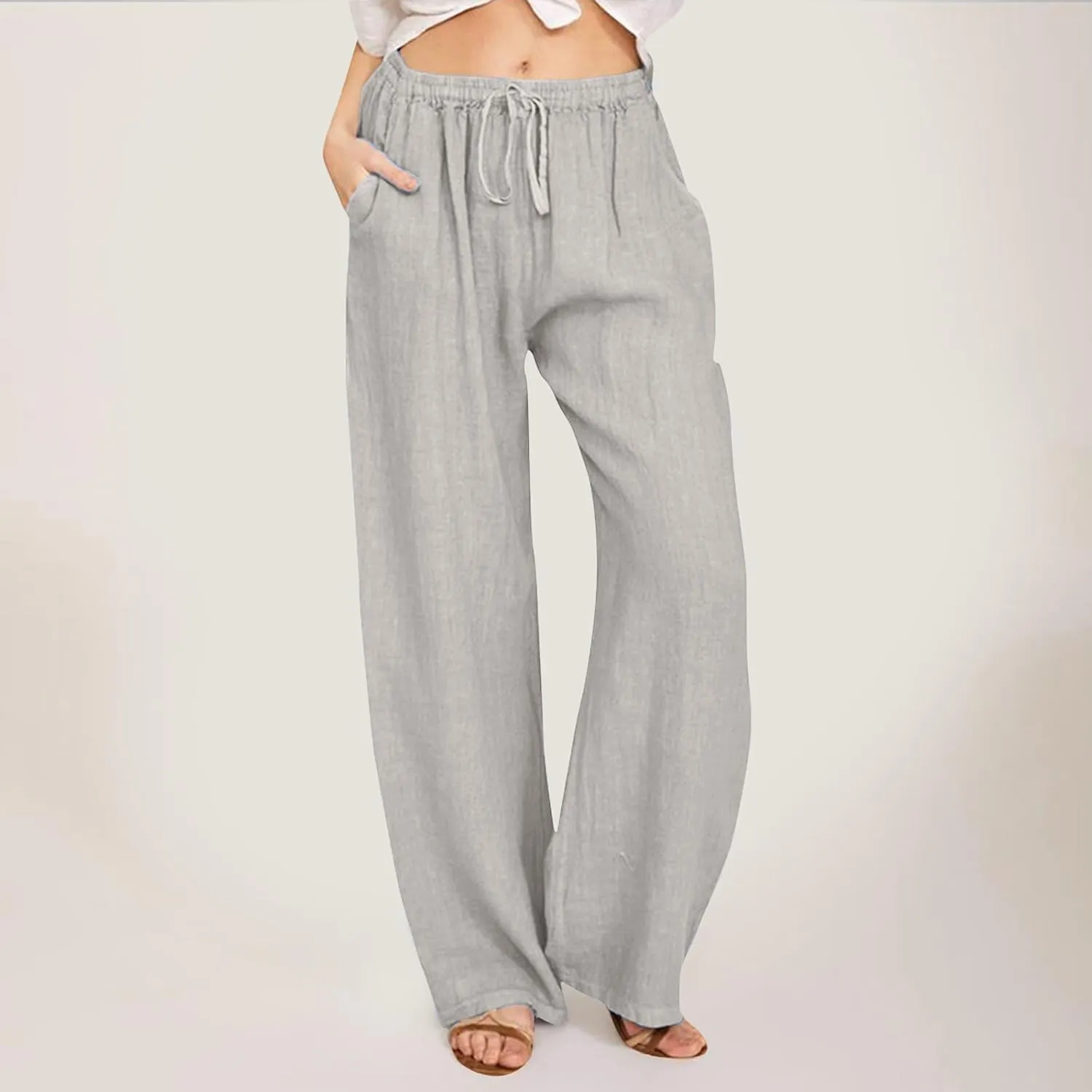 Womens Cotton Linen Pants Casual Trendy 2025 Summer High Waist Drawstring Wide Leg Trousers with Pockets