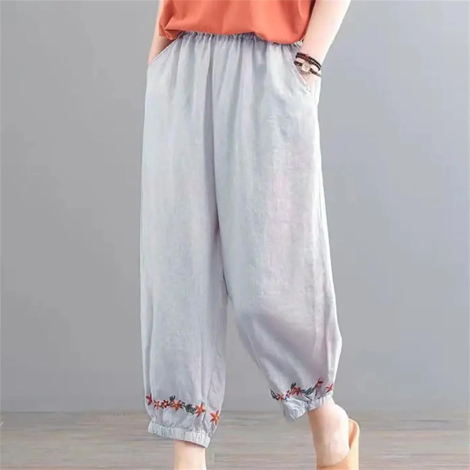 Women's Cotton Linen Retro Solid Color Ankle-Length Pants  Casual Loose Fit Summer Beach Travel Vacation Trousers