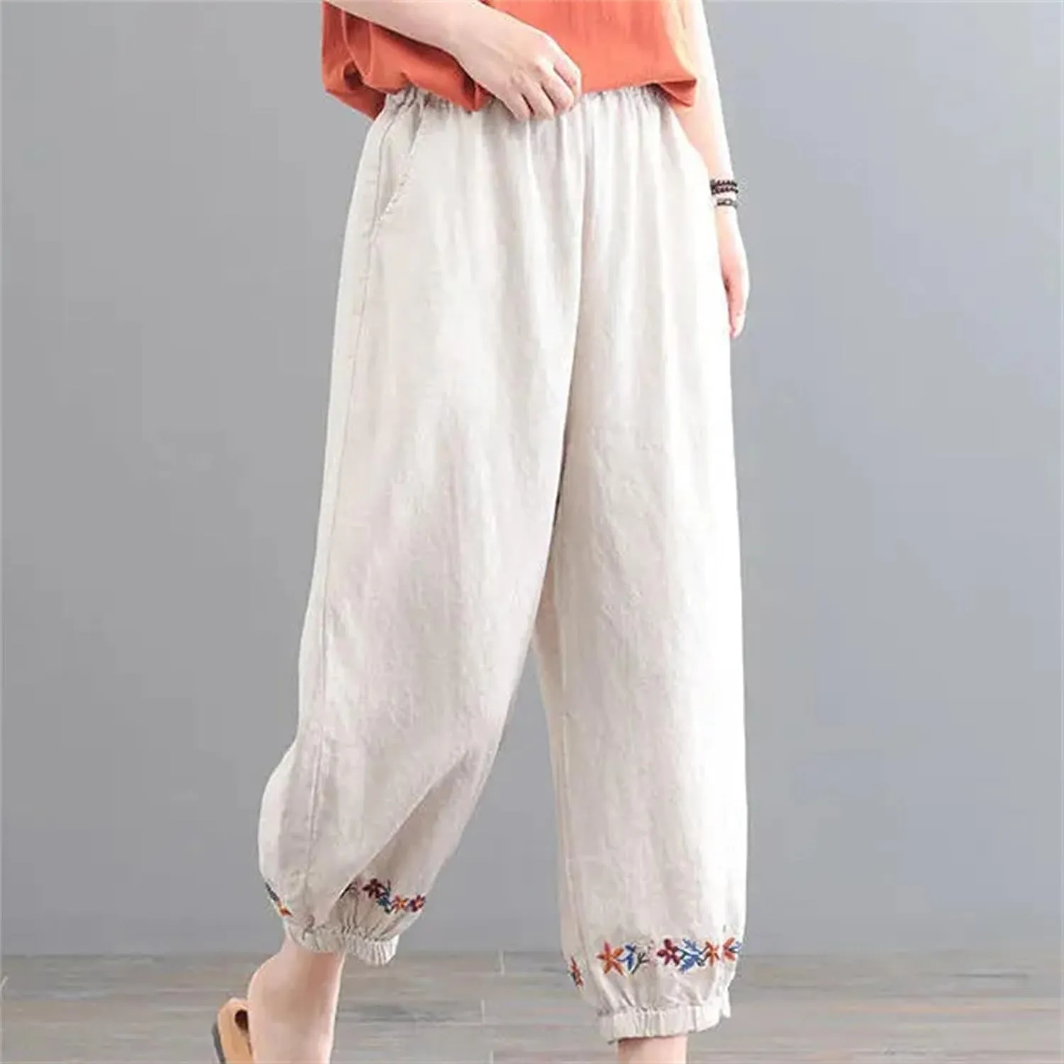 Women's Cotton Linen Retro Solid Color Ankle-Length Pants  Casual Loose Fit Summer Beach Travel Vacation Trousers