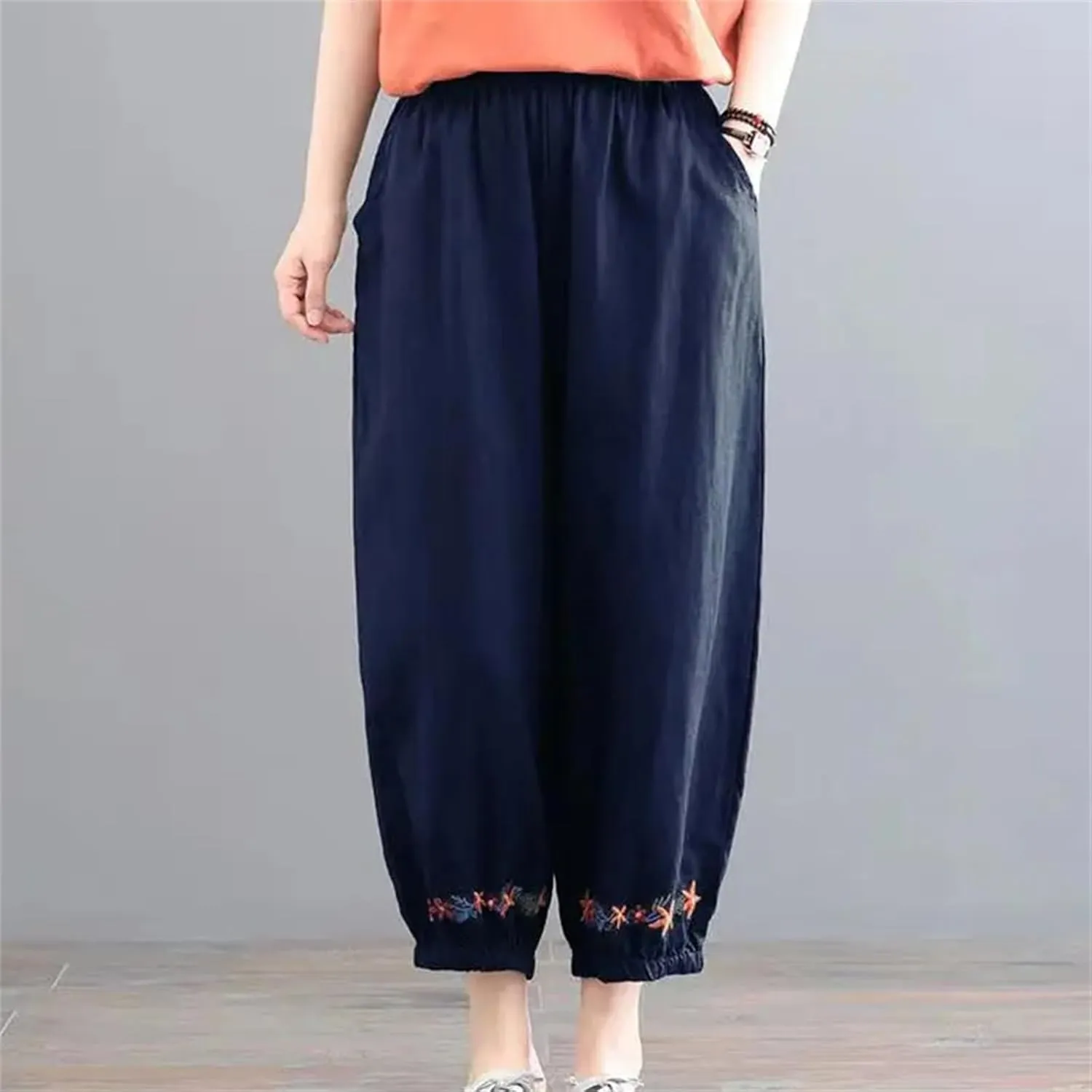Women's Cotton Linen Retro Solid Color Ankle-Length Pants  Casual Loose Fit Summer Beach Travel Vacation Trousers