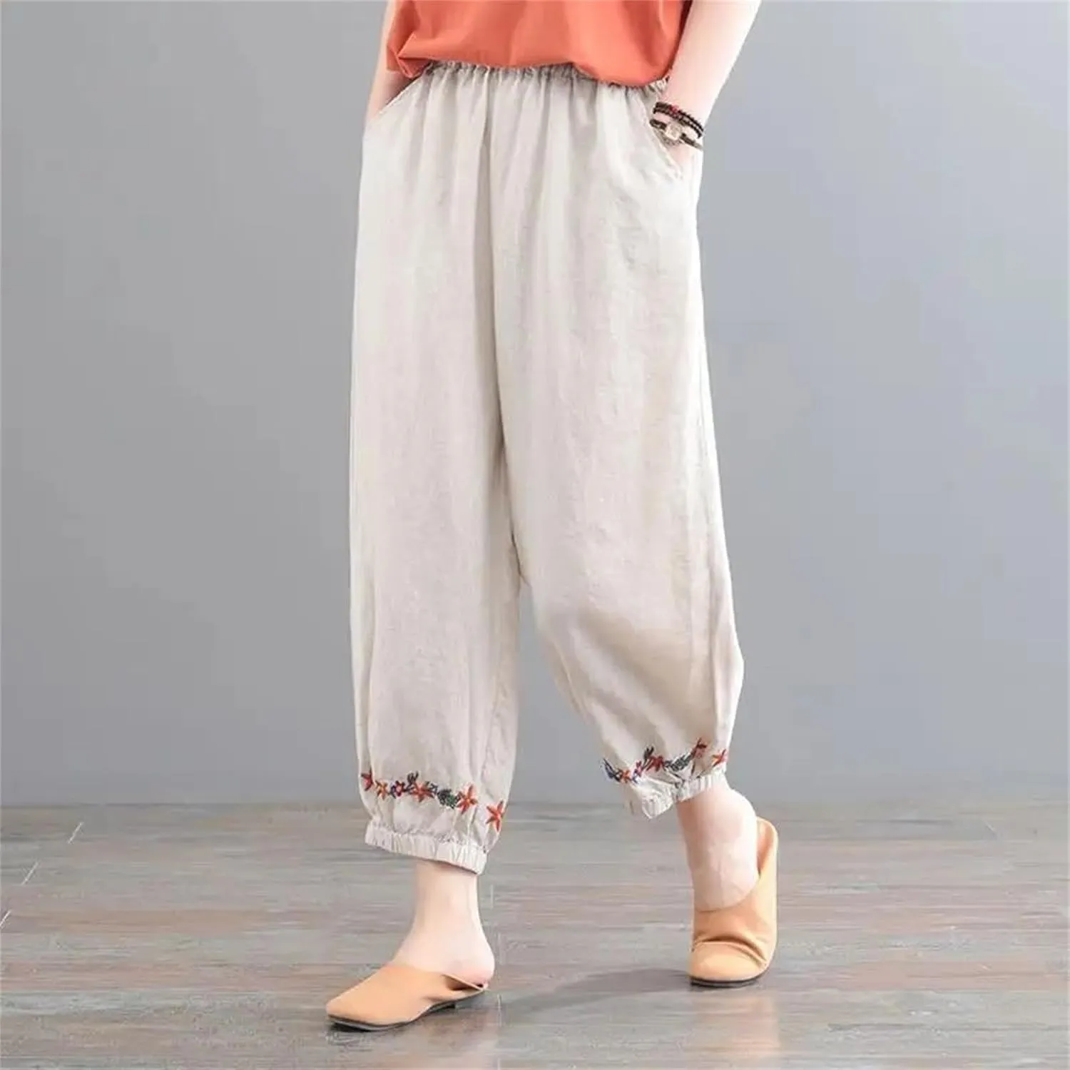 Women's Cotton Linen Retro Solid Color Ankle-Length Pants  Casual Loose Fit Summer Beach Travel Vacation Trousers
