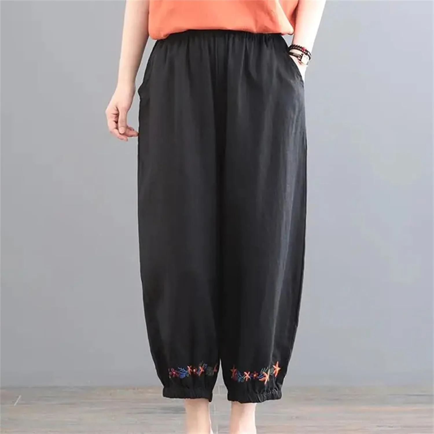 Women's Cotton Linen Retro Solid Color Ankle-Length Pants  Casual Loose Fit Summer Beach Travel Vacation Trousers