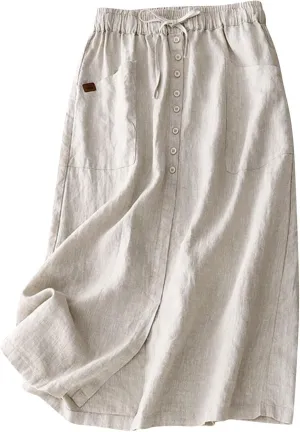 Women's Cotton Linen Split Midi Skirt, Fashion Drawstring High Waisted Casual Skirts Summer Comfy Breathable Clothes