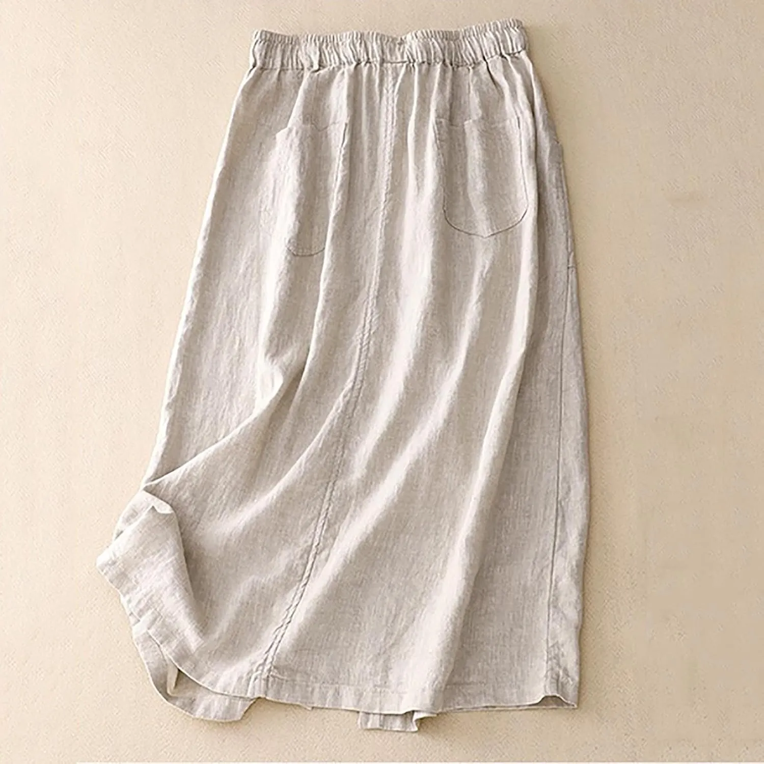 Women's Cotton Linen Split Midi Skirt, Fashion Drawstring High Waisted Casual Skirts Summer Comfy Breathable Clothes