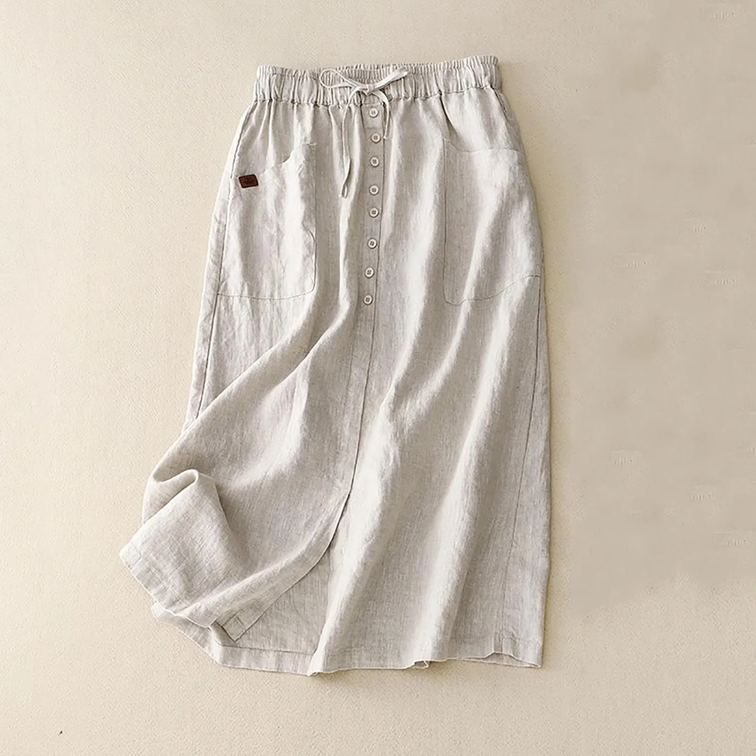 Women's Cotton Linen Split Midi Skirt, Fashion Drawstring High Waisted Casual Skirts Summer Comfy Breathable Clothes