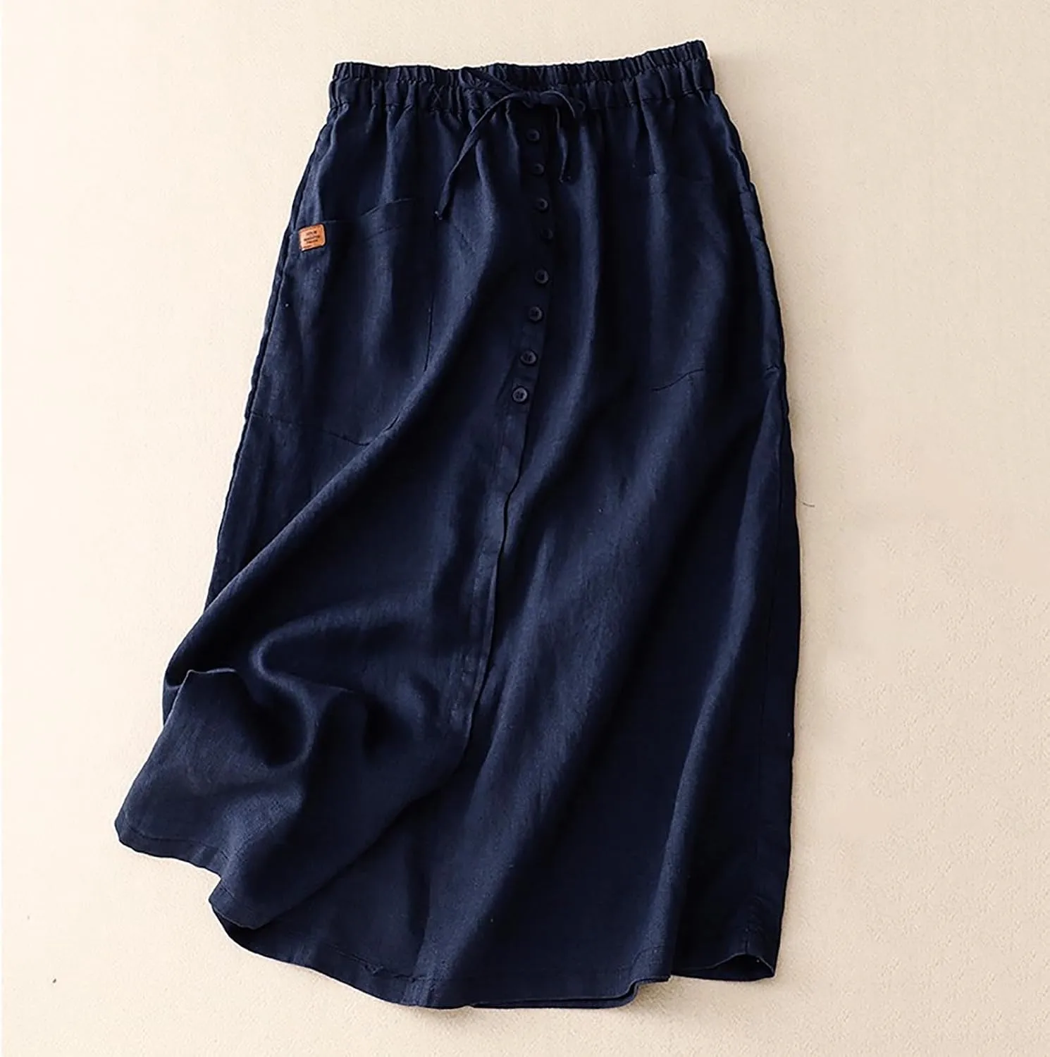 Women's Cotton Linen Split Midi Skirt, Fashion Drawstring High Waisted Casual Skirts Summer Comfy Breathable Clothes
