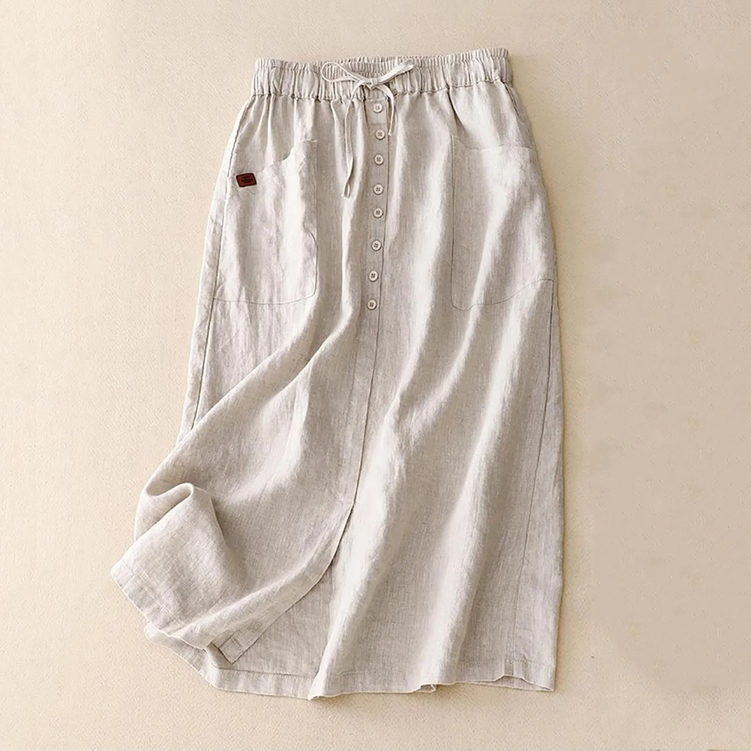 Women's Cotton Linen Split Midi Skirt, Fashion Drawstring High Waisted Casual Skirts Summer Comfy Breathable Clothes