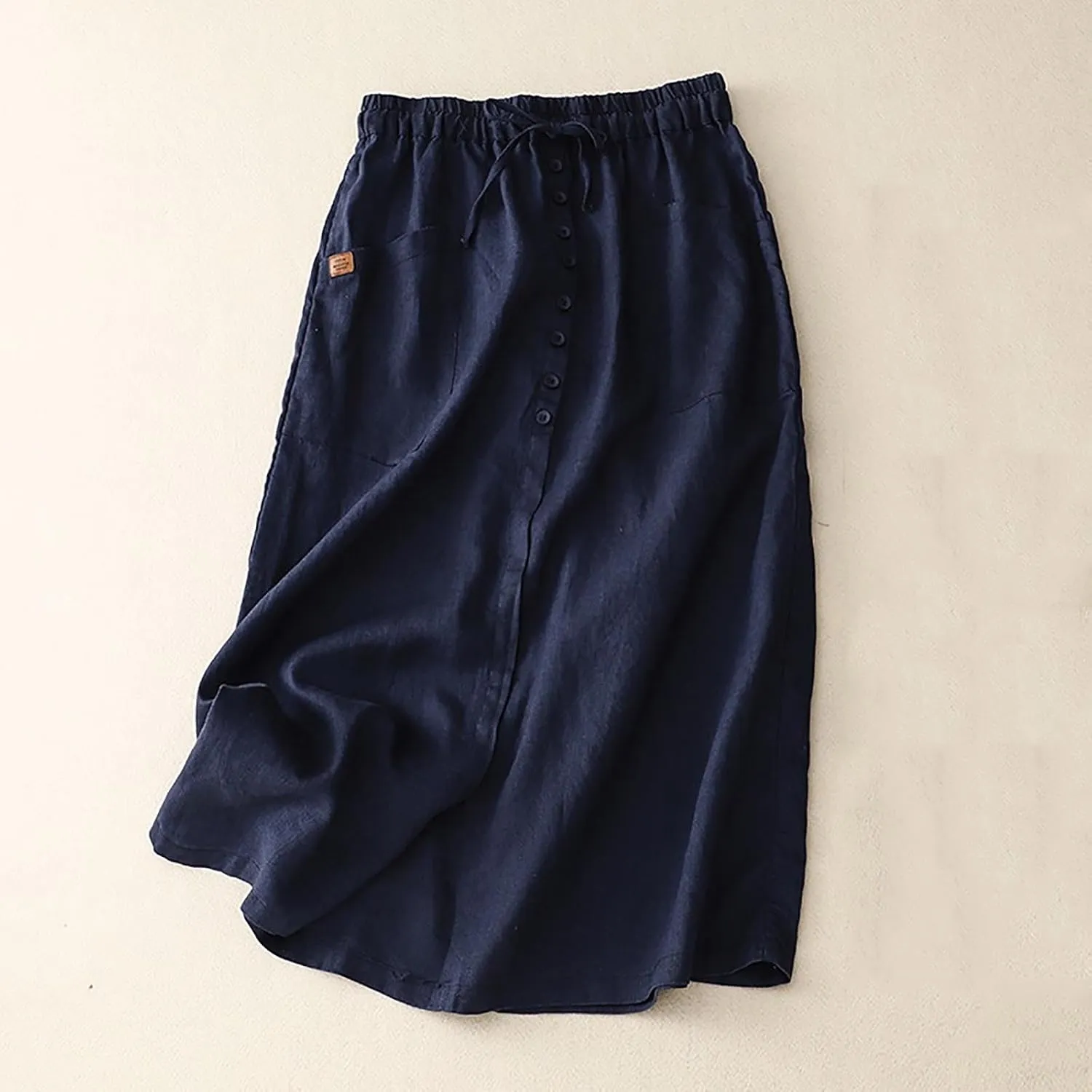 Women's Cotton Linen Split Midi Skirt, Fashion Drawstring High Waisted Casual Skirts Summer Comfy Breathable Clothes