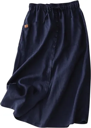 Women's Cotton Linen Split Midi Skirt, Fashion Drawstring High Waisted Casual Skirts Summer Comfy Breathable Clothes