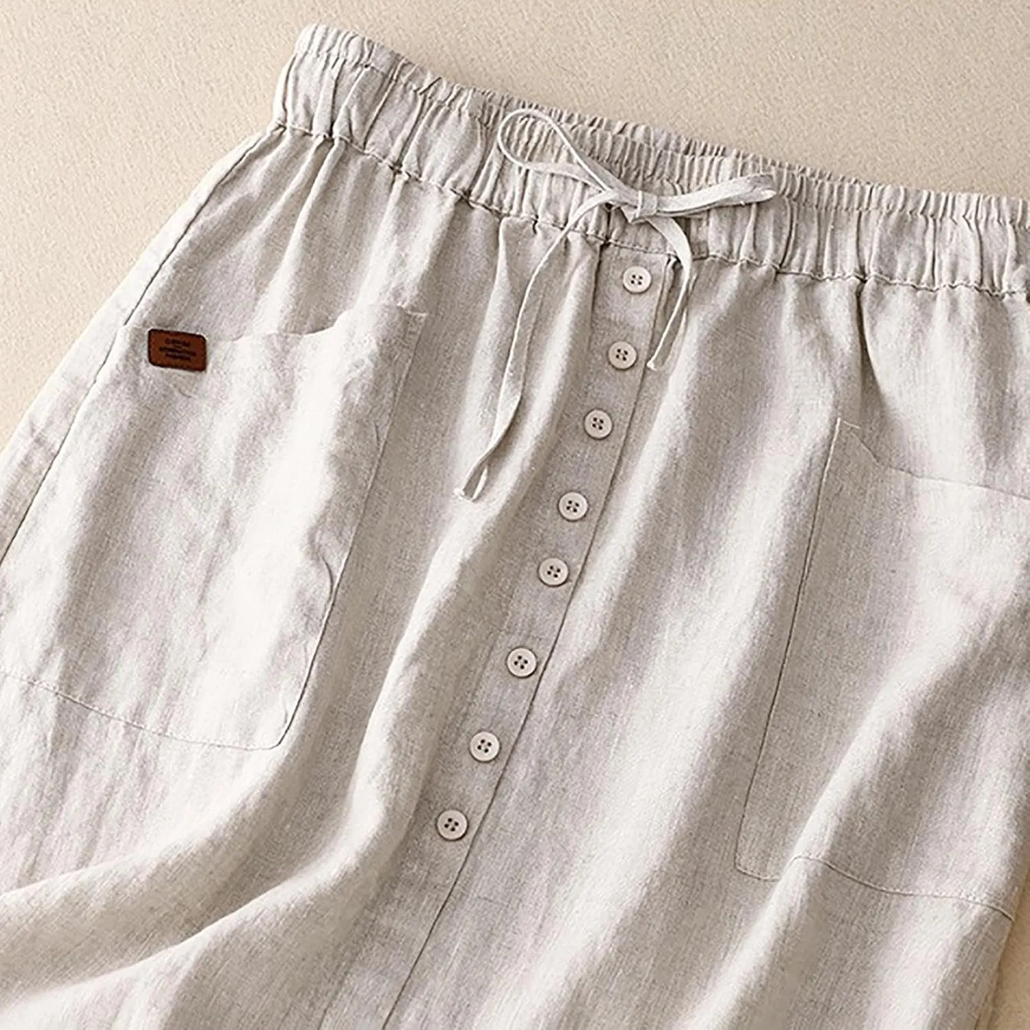Women's Cotton Linen Split Midi Skirt, Fashion Drawstring High Waisted Casual Skirts Summer Comfy Breathable Clothes
