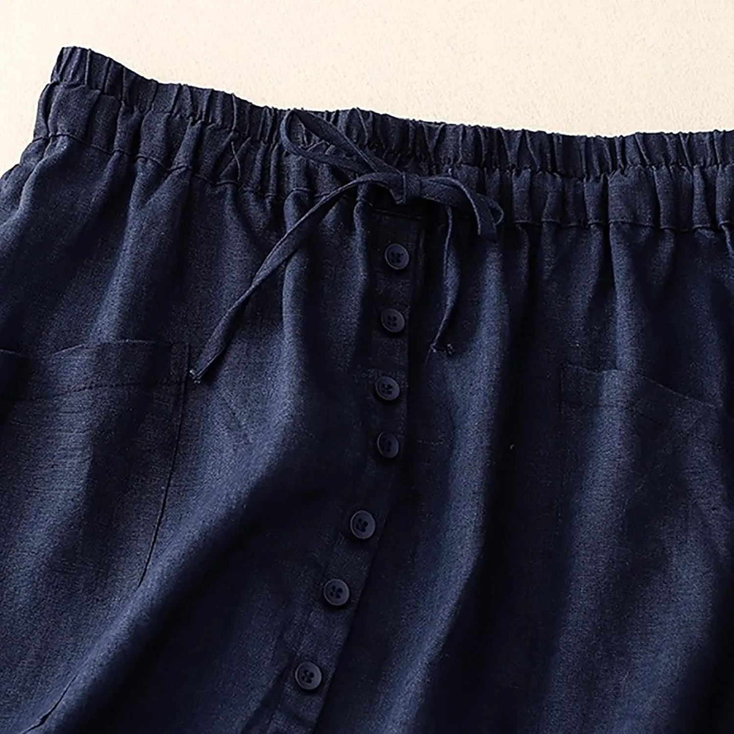 Women's Cotton Linen Split Midi Skirt, Fashion Drawstring High Waisted Casual Skirts Summer Comfy Breathable Clothes