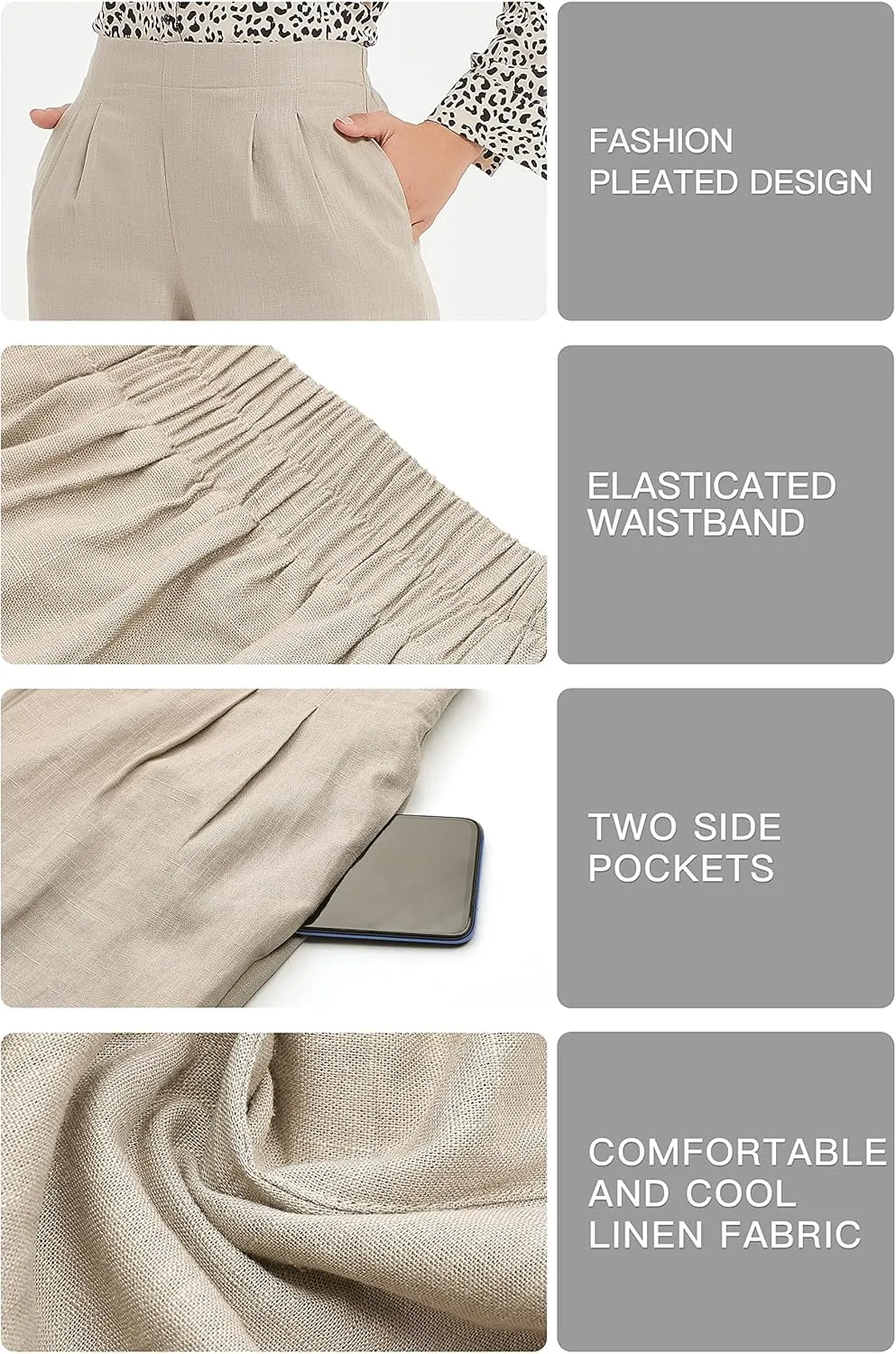 Womens Cotton Linen Wide Leg Pants Summer Flowy Beach Casual Loose Trousers with Pockets