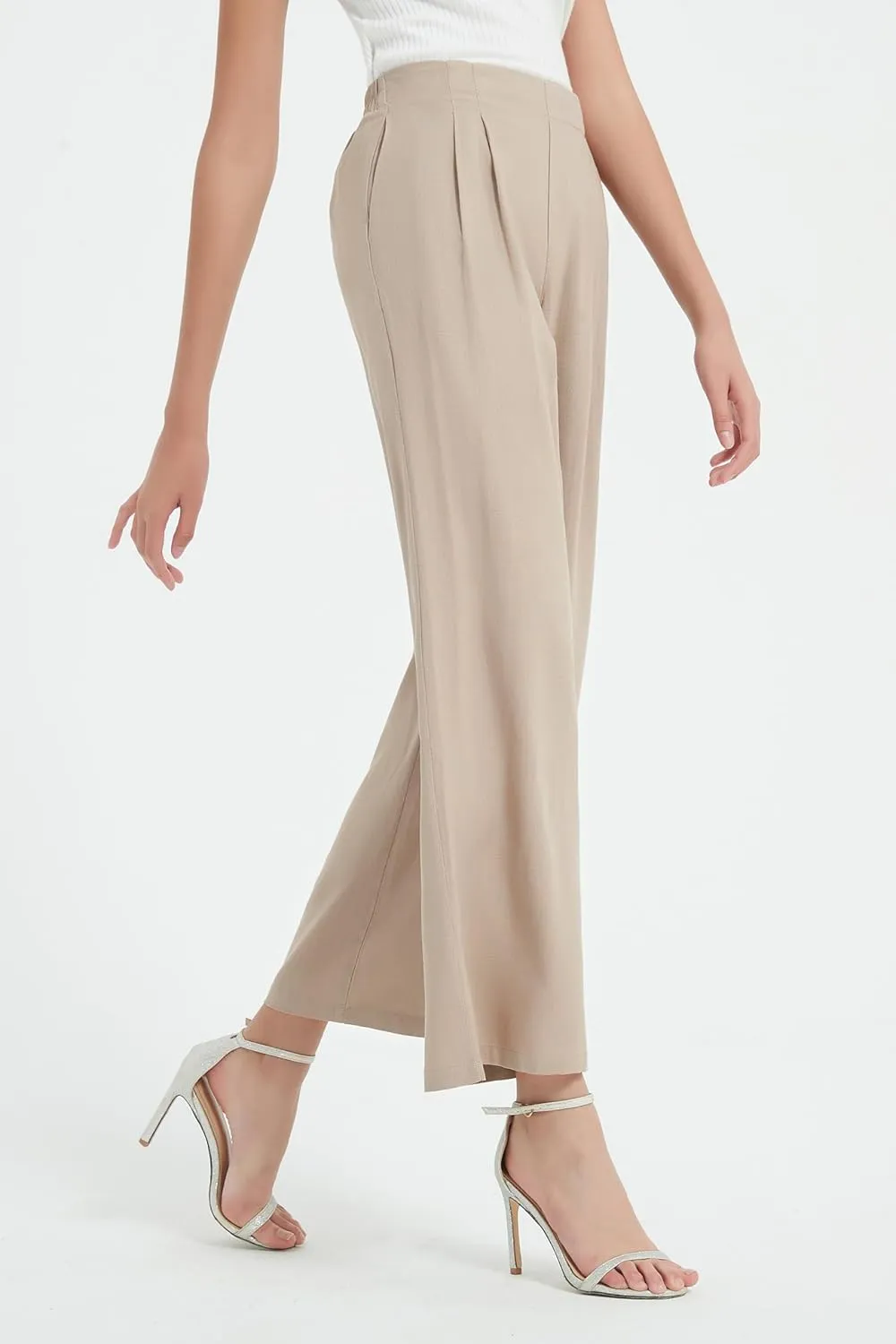 Womens Cotton Linen Wide Leg Pants Summer Flowy Beach Casual Loose Trousers with Pockets