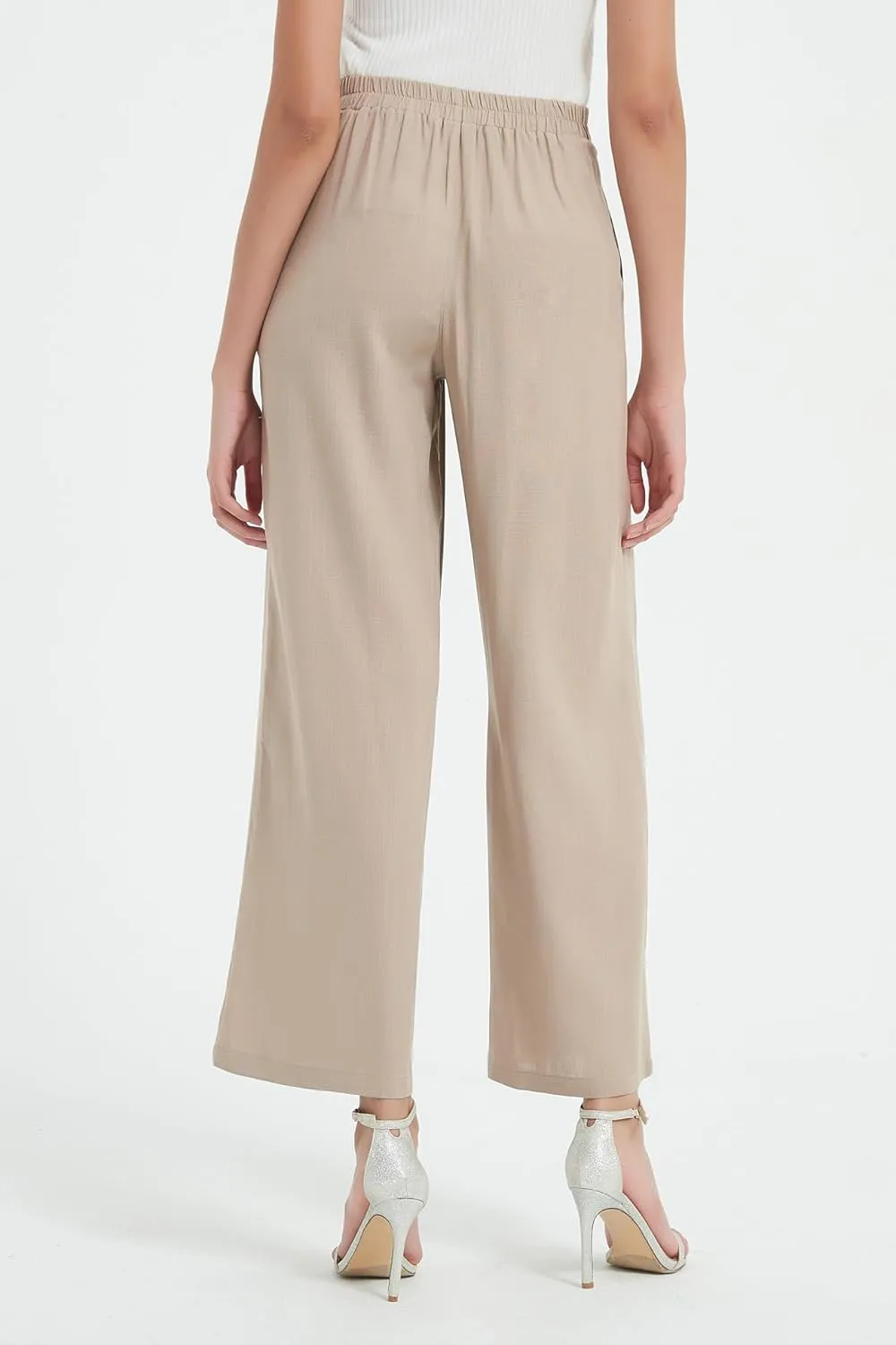 Womens Cotton Linen Wide Leg Pants Summer Flowy Beach Casual Loose Trousers with Pockets
