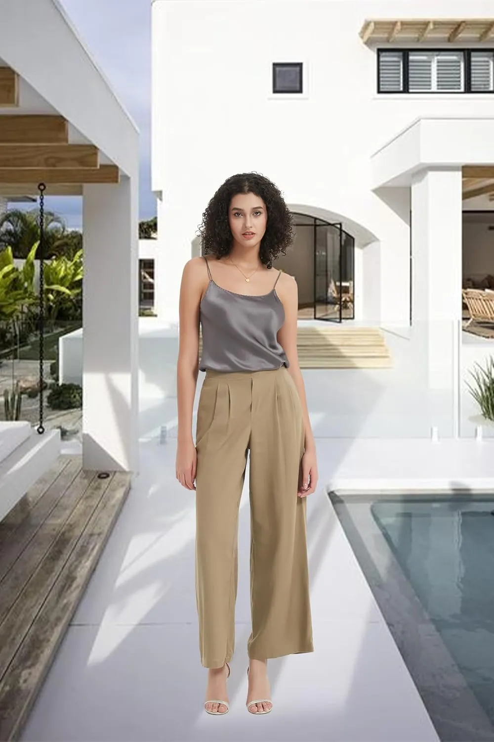Womens Cotton Linen Wide Leg Pants Summer Flowy Beach Casual Loose Trousers with Pockets