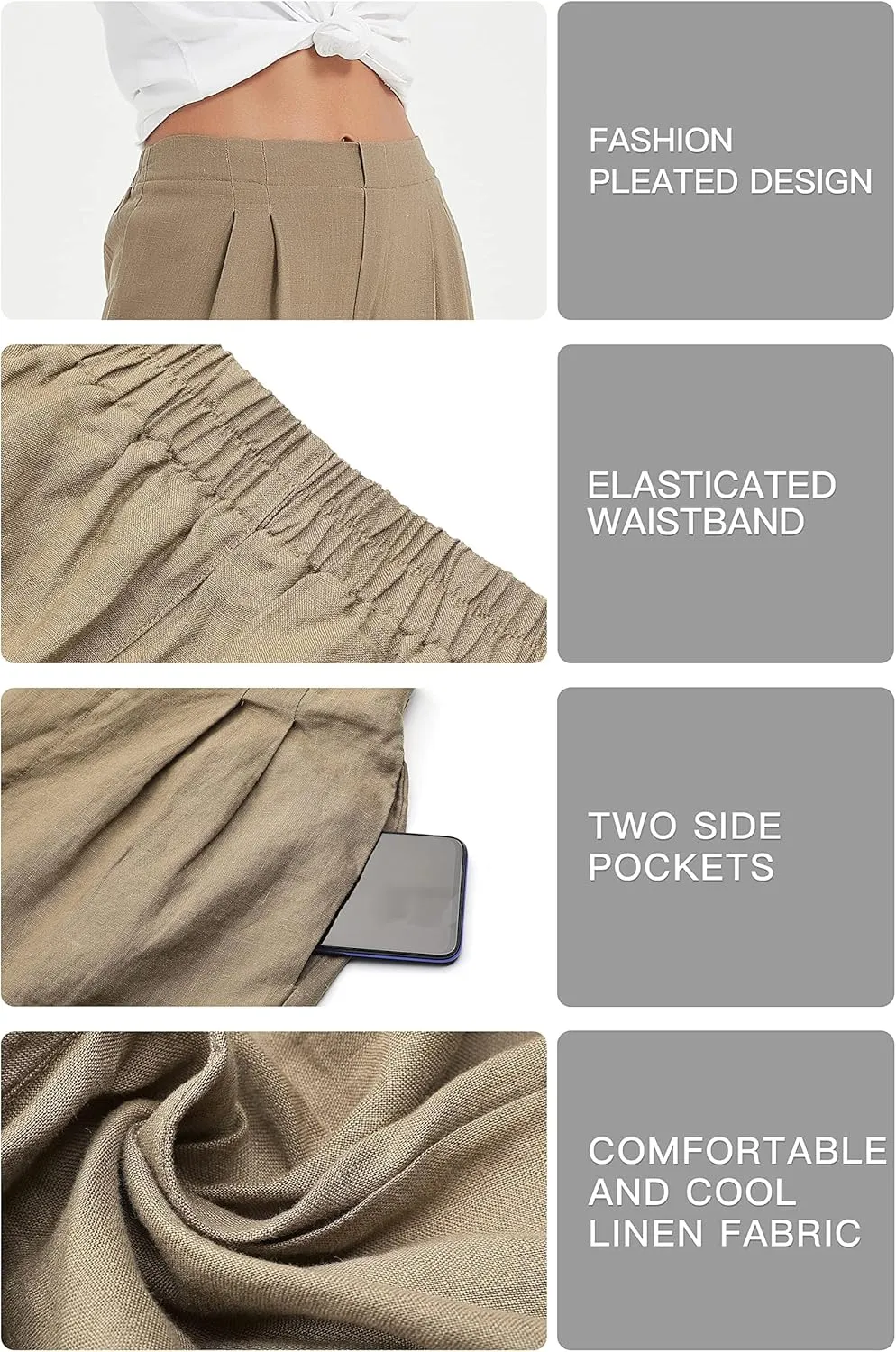 Womens Cotton Linen Wide Leg Pants Summer Flowy Beach Casual Loose Trousers with Pockets
