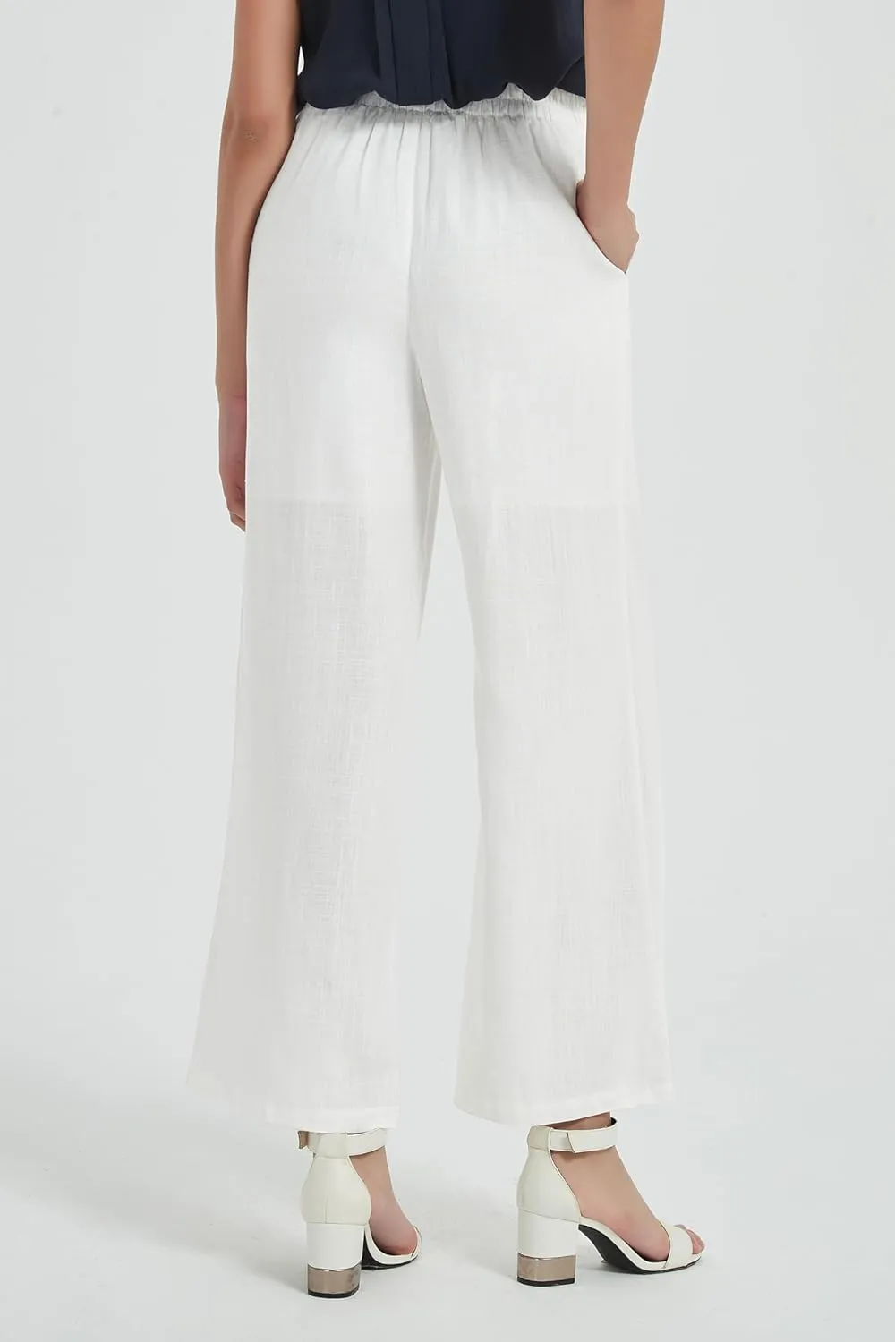 Womens Cotton Linen Wide Leg Pants Summer Flowy Beach Casual Loose Trousers with Pockets