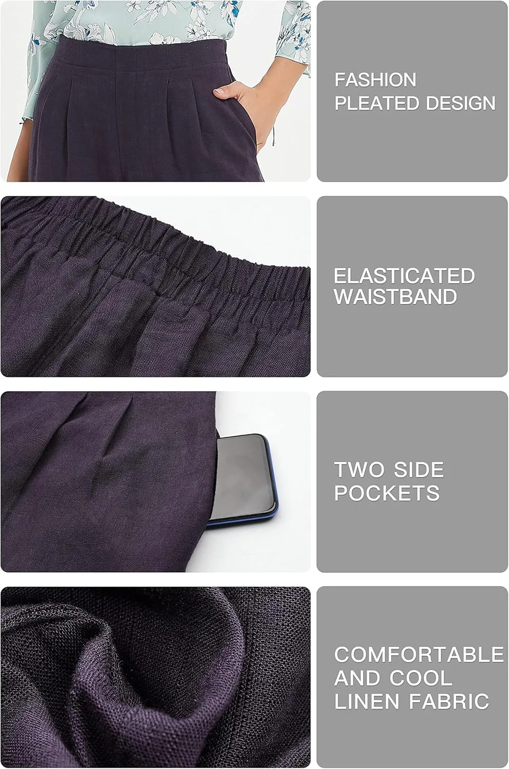 Womens Cotton Linen Wide Leg Pants Summer Flowy Beach Casual Loose Trousers with Pockets