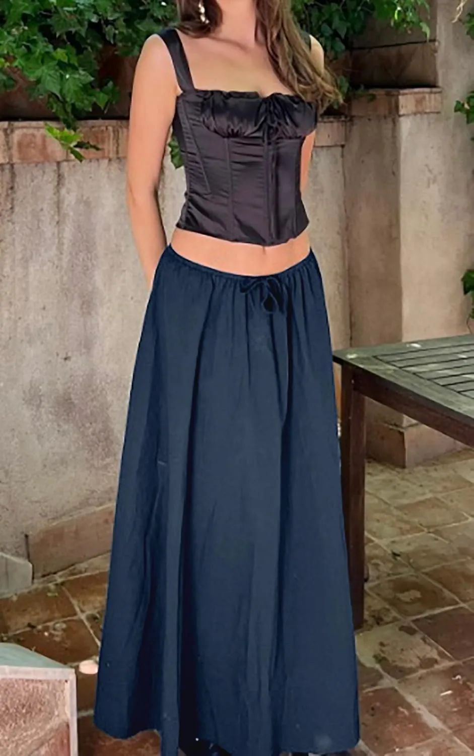 Women's Drawstring Long Skirt Elastic Waistband Casual A Line Boho Flowy Maxi Skirts for Women 2024