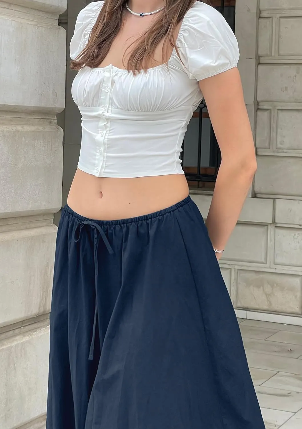 Women's Drawstring Long Skirt Elastic Waistband Casual A Line Boho Flowy Maxi Skirts for Women 2024
