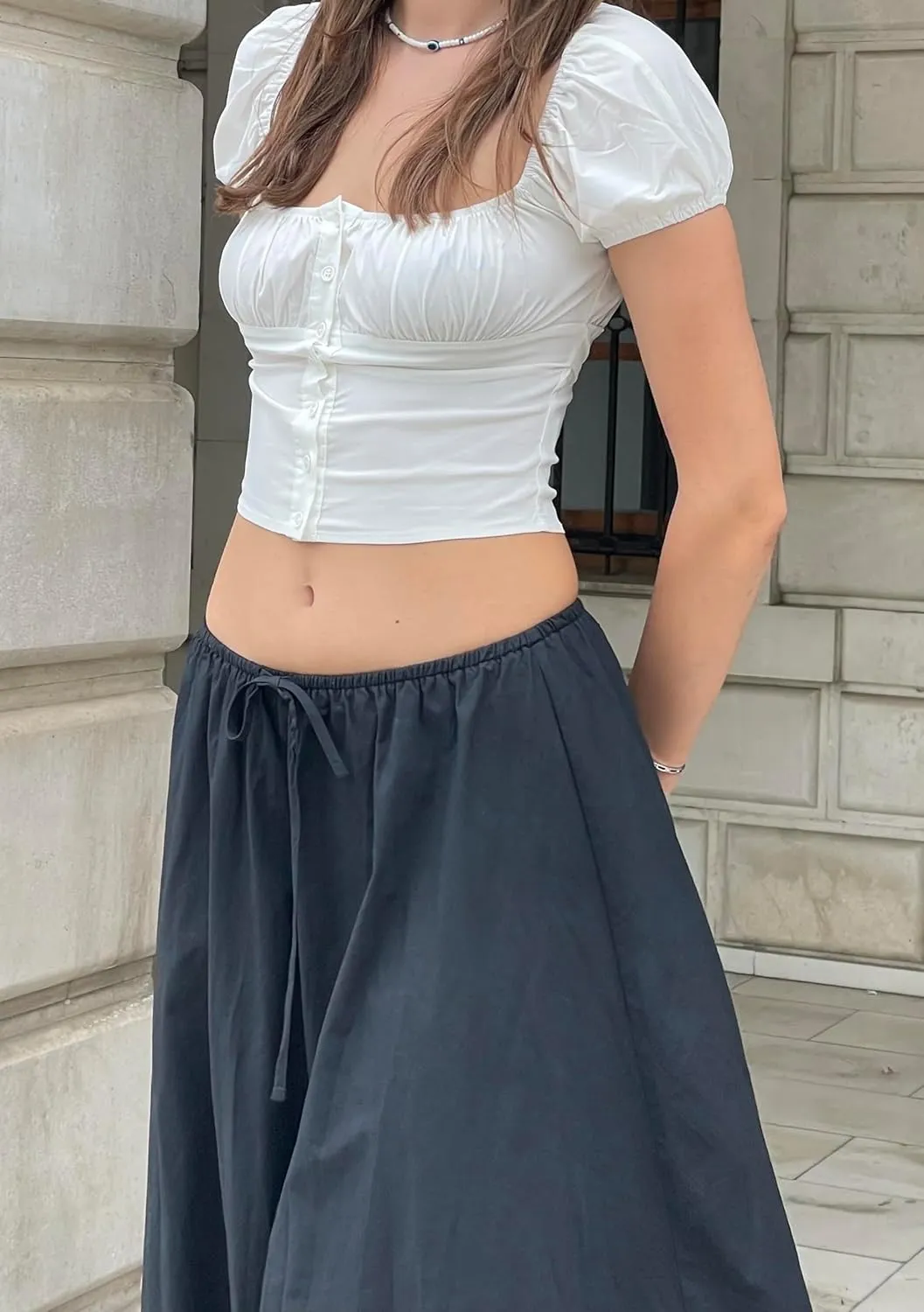 Women's Drawstring Long Skirt Elastic Waistband Casual A Line Boho Flowy Maxi Skirts for Women 2024