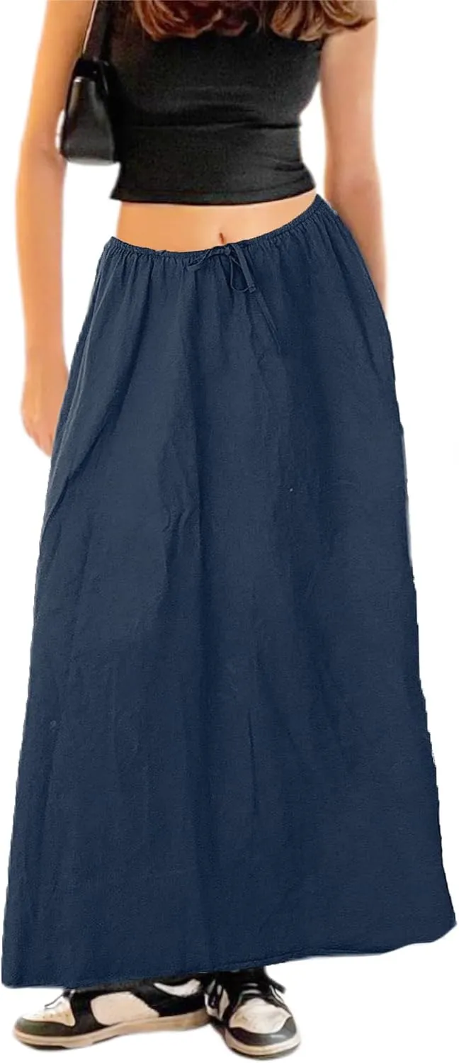 Women's Drawstring Long Skirt Elastic Waistband Casual A Line Boho Flowy Maxi Skirts for Women 2024