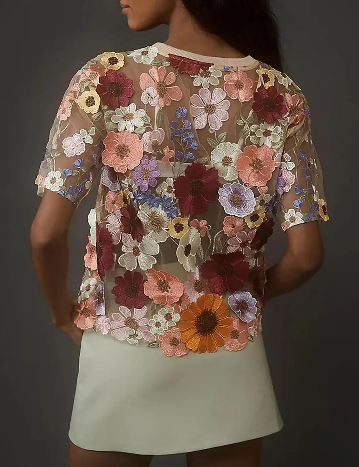 Women's Embroidered 3D Floral Blouse Short Sleeve Crew Neck Sheer Lace Tee Shirts