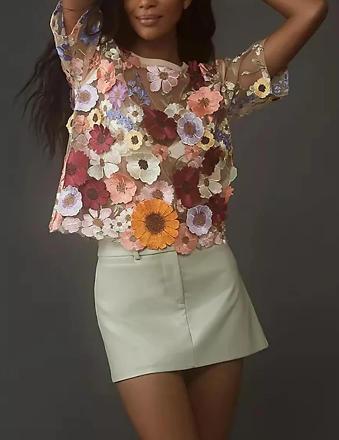 Women's Embroidered 3D Floral Blouse Short Sleeve Crew Neck Sheer Lace Tee Shirts