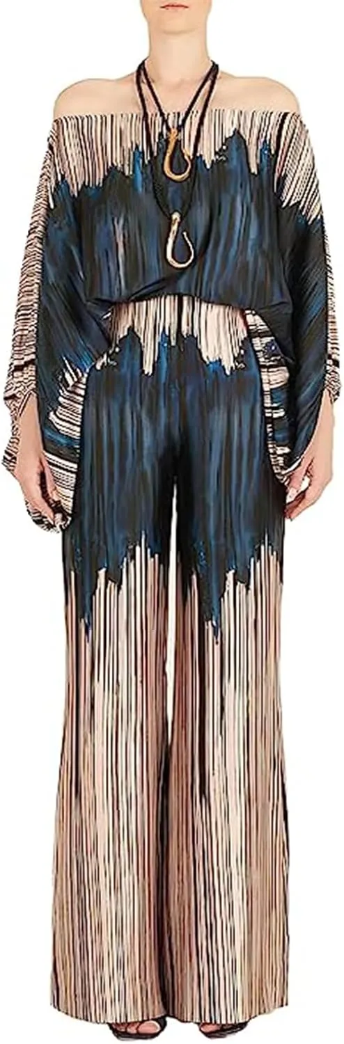 Womens Fall Loose 2 Piece Outfits Off Shoulder Printed Long Sleeve Casual Going Out Wide Leg Pants Set