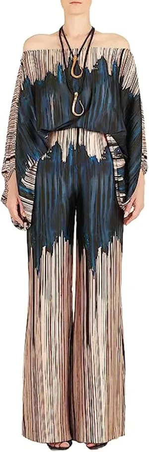 Womens Fall Loose 2 Piece Outfits Off Shoulder Printed Long Sleeve Casual Going Out Wide Leg Pants Set