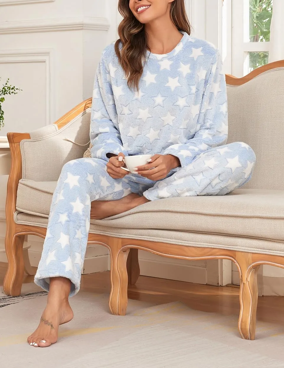 Women's Flannel Pajamas Set Fuzzy Long Sleeve Pullover Tops and Pants Comfy Loungewear Sleepwear