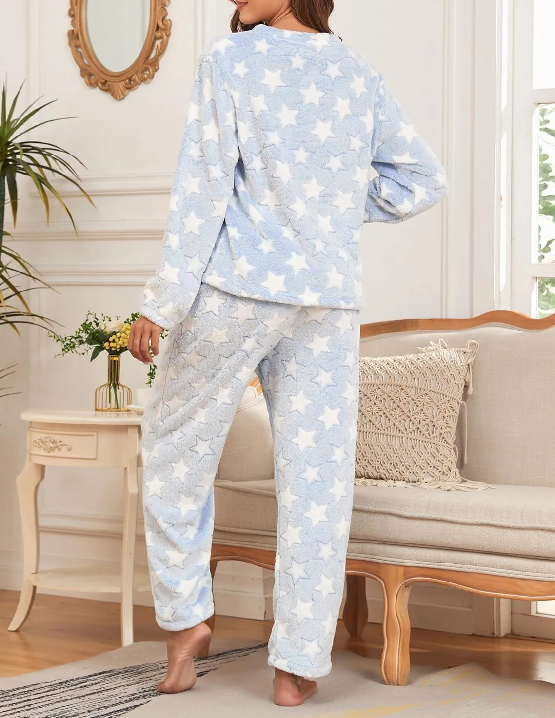 Women's Flannel Pajamas Set Fuzzy Long Sleeve Pullover Tops and Pants Comfy Loungewear Sleepwear