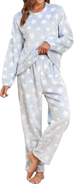 Women's Flannel Pajamas Set Fuzzy Long Sleeve Pullover Tops and Pants Comfy Loungewear Sleepwear