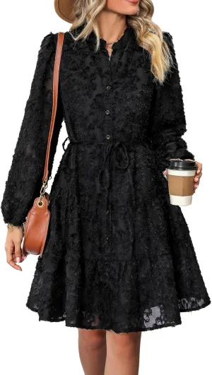 Women's Floral Print Knee Length Shirt Dresses Button Down Belted Stand Neck Fuzzy Flowy Ruffle Hem Party Mini Dress