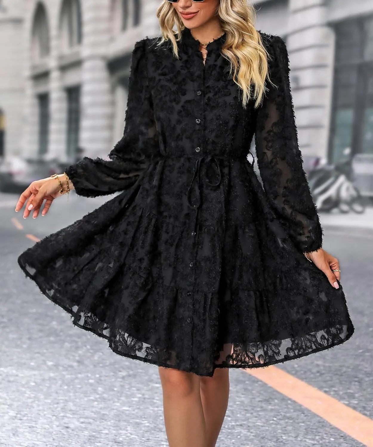 Women's Floral Print Knee Length Shirt Dresses Button Down Belted Stand Neck Fuzzy Flowy Ruffle Hem Party Mini Dress