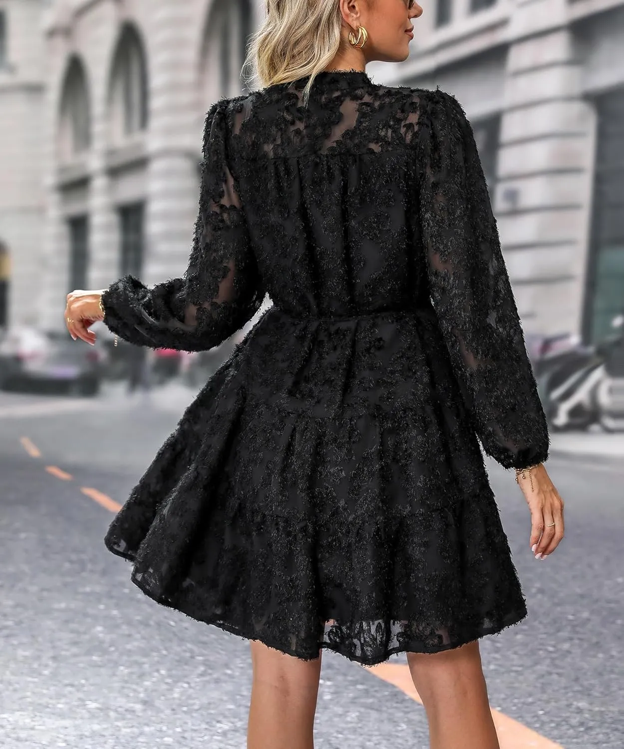 Women's Floral Print Knee Length Shirt Dresses Button Down Belted Stand Neck Fuzzy Flowy Ruffle Hem Party Mini Dress