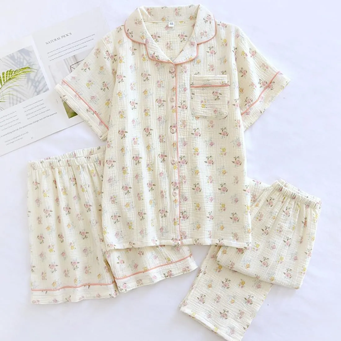 Womens Gauze Pajama Set Lounge Sets Short Sleeve Shirts 3 Piece Cute Floral Pj Set Sleepwear Loungewear