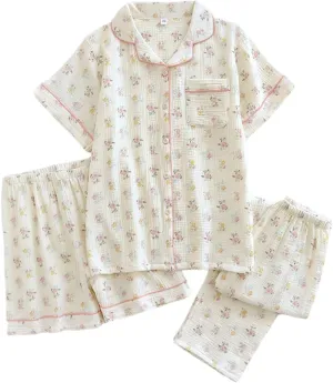 Womens Gauze Pajama Set Lounge Sets Short Sleeve Shirts 3 Piece Cute Floral Pj Set Sleepwear Loungewear