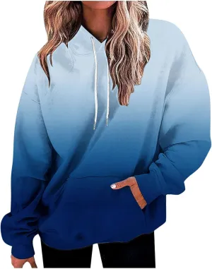 Women's Hoodies Oversized Gradient Long Sleeve Casual Sweatshirts Plus Size Drawstring Large Pocket Pullover Tops