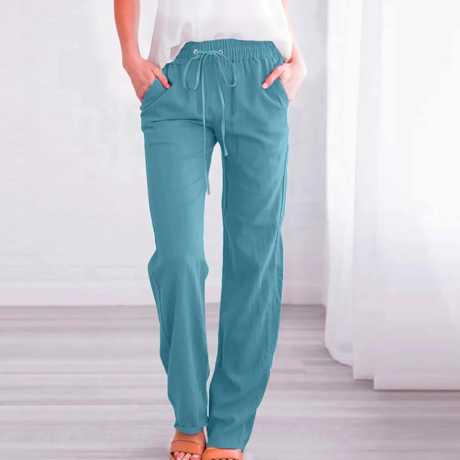 Women's Linen Pants Straight Leg Loose Trousers Drawstring Elastic High Waist Pants Comfy Palazzo Pants 2024, Medium